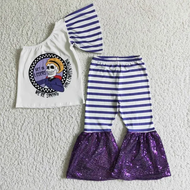 Little Girl Purple Striped Skull One Shoulder With Short Sleeves Top Sequin Bell Bottom Pant Clothes Outfit