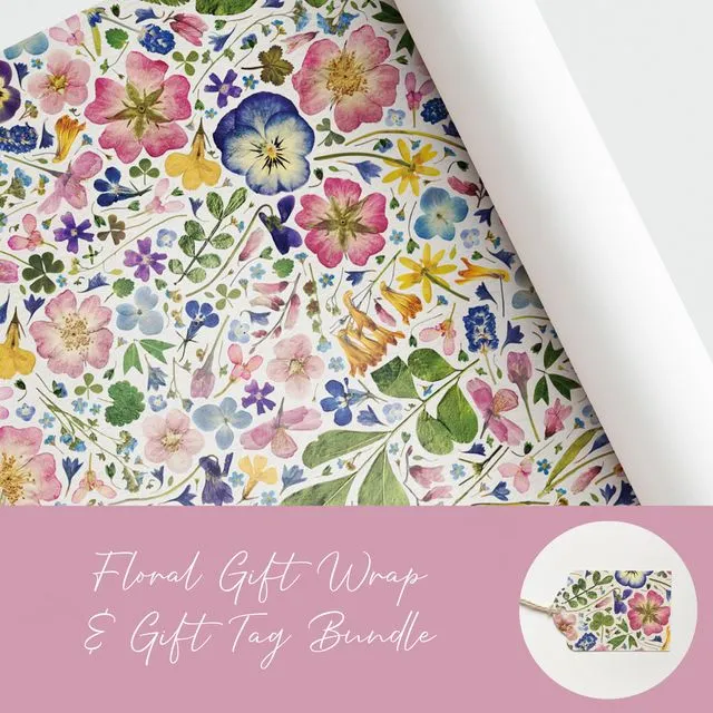Luxury Floral Gift Wrap and Tag Bundle, Natural