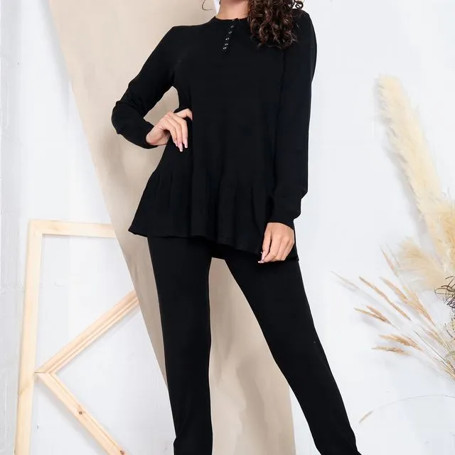 SISI06277ab - Black long sleeve lounge wear set with sparkle button up collar and ruffled hem (Pack of 2)