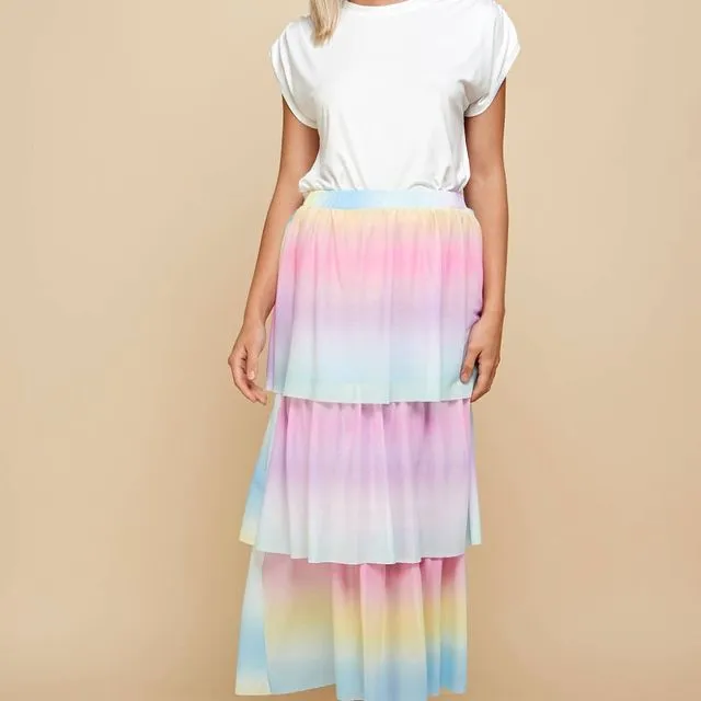 ISK1024C Cuckoo Mesh Small Flower Print Layered Skirt, Pink / Blue / Size;Prepack 2-2-2;Small-Medium-Large