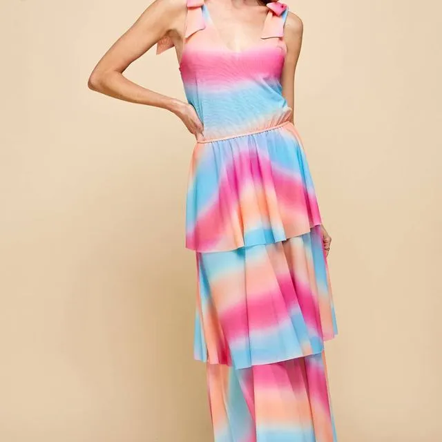 ISD1205B Rainbow Print Mesh Layered Ombre Dress, Orange/Blue / Size;Prepack 2-2-2;Small-Medium-Large