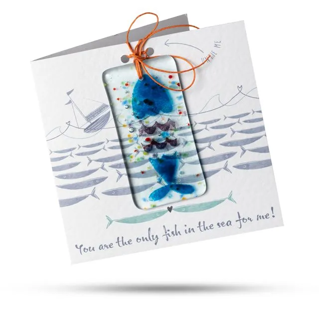 You are the only fish in the sea for me! (Boat) - Greeting card with fused glass gift