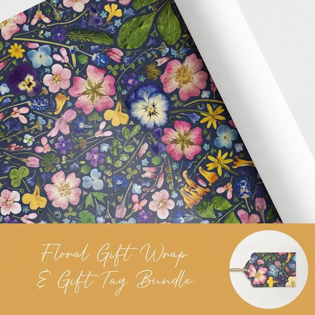 Luxury Floral Wrapping Paper and Tag Bundle, Ink