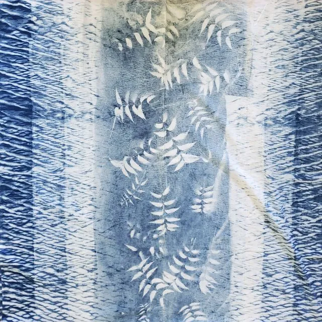 Indigo Dyed Hand Printed Cotton Fabric - Leaf with stripe