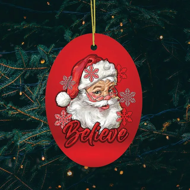Vintage Believe Santa Christmas Ornament (Version 1 - Oval, Red)