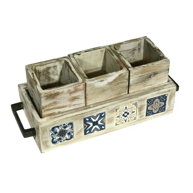 Azulejos 4 Piece Storage Boxes in Handled Wood Tray