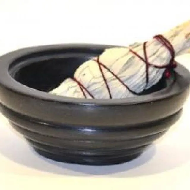 Handmade Black Clay Smudging Bowl - Large: LXWXH: D4in x H2.75in