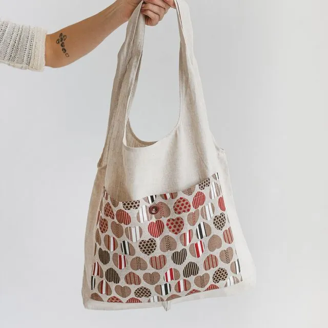 Linen Reusable Shopping Bag • FoldableTote with Hearts