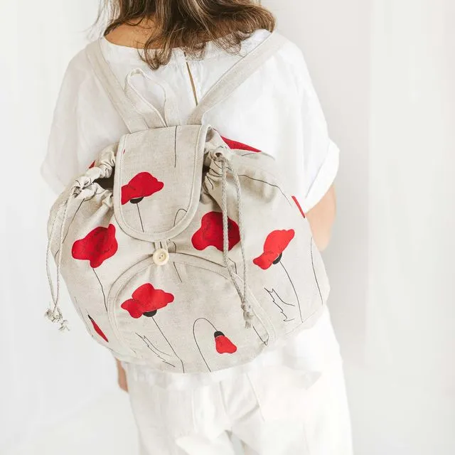 Linen Backpack with Poppies  • Women’s Girls Drawstring Boho Rucksack
