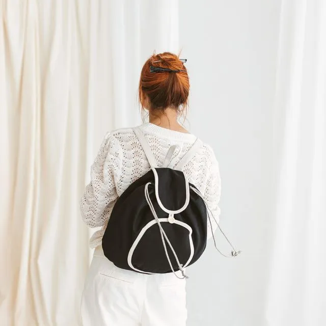 Black Linen Backpack • Drawstring Boho Bag with Grey Straps