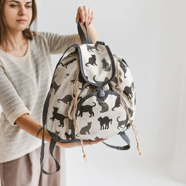 Women Backpack with Cats • Linen Drawstring Boho Bag