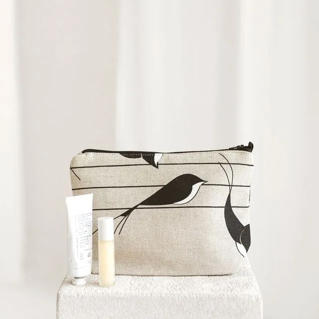 Linen Make Up Bag • Large Washbag Bag with the Zip SWALLOWS BIRDS