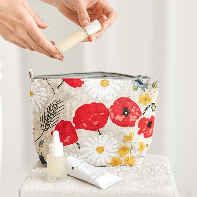 Linen Make Up Bag • Large Washbag Bag with the Zip WILDFLOWERS