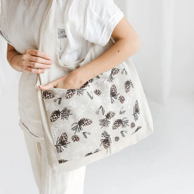 Linen Foldable Bag with Pine Cones • Shopping Bag with Large Front Pocket • Eco friendly Reusable Tote