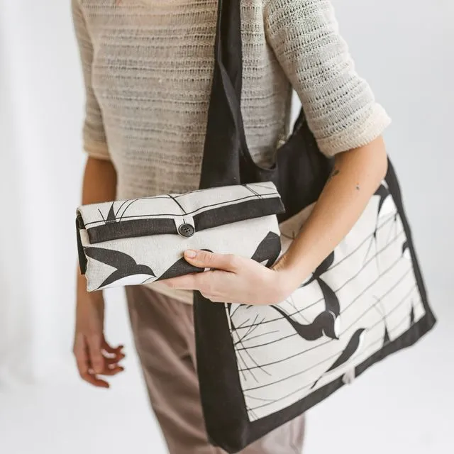 Linen Tote Bag with Swallows • Black Foldable Shopping Bag • Eco friendly Reusable Bag