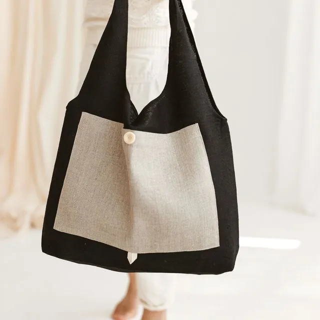 Black Tote Bag with Grey Pocket • Foldable Shopping Bag • Eco friendly Reusable Bag