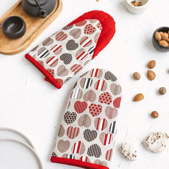 Linen Kitchen Mitts with Hearts • Handmade Cooking Mitt • Large Oven Glove • Patterned Orange Pot Holder