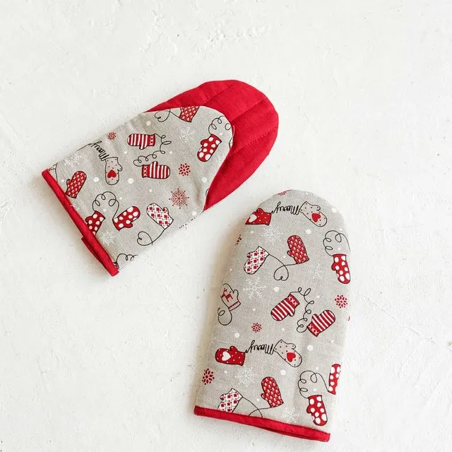Linen Oven Glove with Christmas Mittens • Handmade Cooking Mitt • Large Kitchen Glove • Patterned Pot Holder