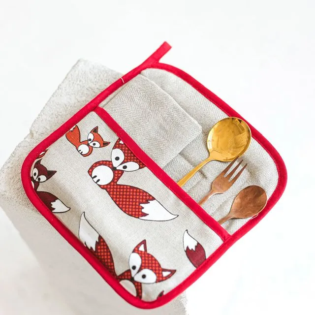 Multipurpose Kitchen Set with Foxes • Quilted Coaster with Pocket and Two Tea Towels • Double Layered Pot Holder