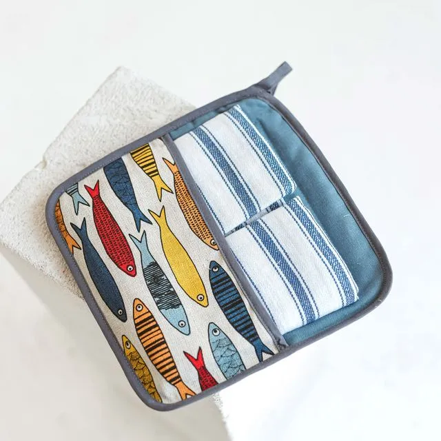 Multipurpose Kitchen Set with Sardines • Quilted Coaster with Pocket and Two Tea Towels • Double Layered Pot Holder