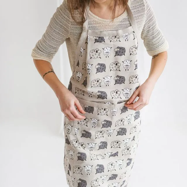 Linen Apron with Cute Sheep • Apron for Gardening Painting Cooking • Apron with Deep Front Pocket
