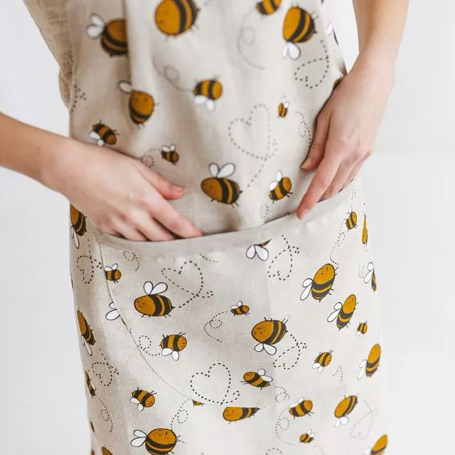 Linen Apron with Bumblebees • Apron for Gardening Painting Cooking • Apron with Deep Front Pocket