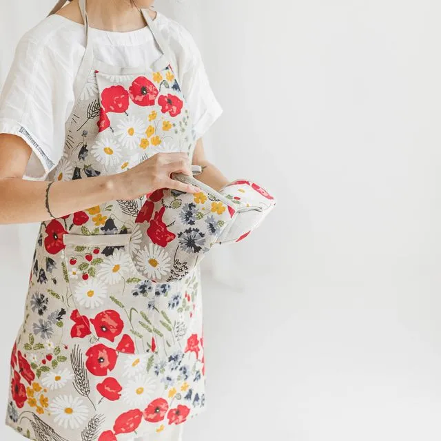 Linen Apron with Wild Flower Print • Apron for Gardening Painting Cooking • Apron with Deep Front Pocket