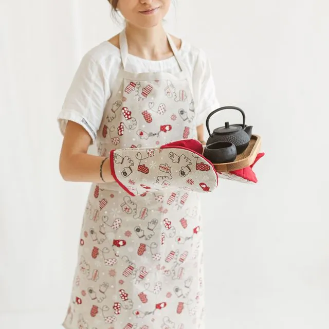 Linen Apron with Christmas Mittens • Apron for Gardening Painting Cooking • Apron with Deep Front Pocket