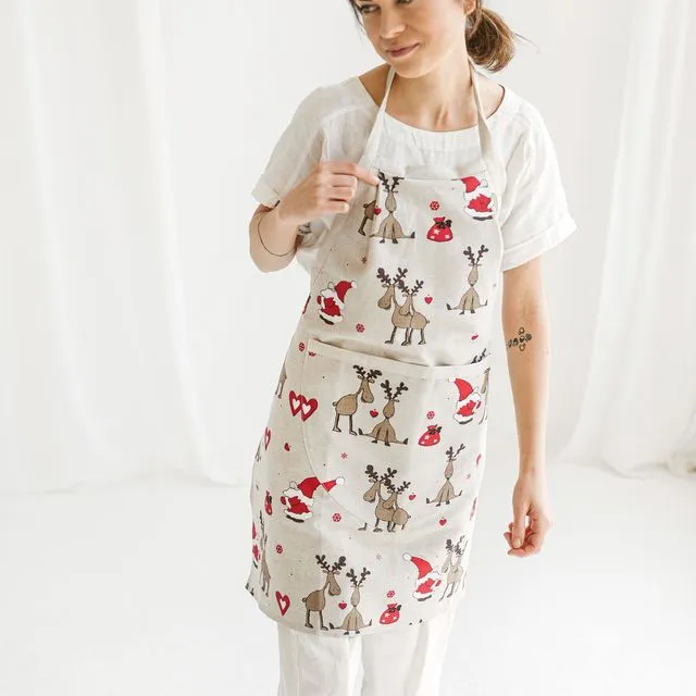 Linen Apron with Santa and Deer • Christmas Apron for Gardening Painting Cooking • Apron with Deep Front Pocket