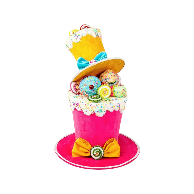 XM20035HPAS LARGE HOT PINK SMALL YELLOW PARTY HAT STACKED w/CUPCAKE AND CANDY,19.5in-4P