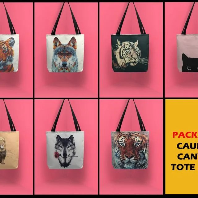 Pack Of 7 Animals Printed Tote Bags
