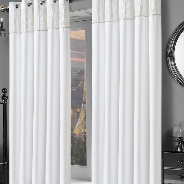 White Bedroom Eyelet Self Lined Curtains Damask Crushed Velvet Band Thermal Ring Top Ready Made Pair Panels 66 x 54""