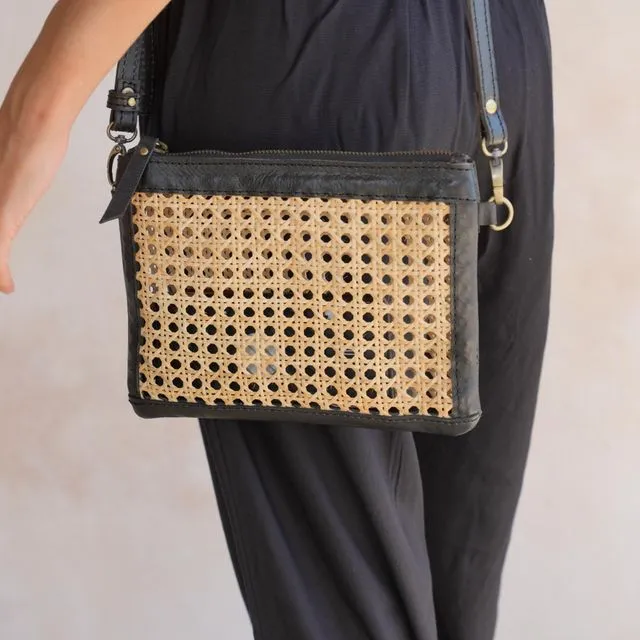 Gia Rattan and Leather Crossbody - Black