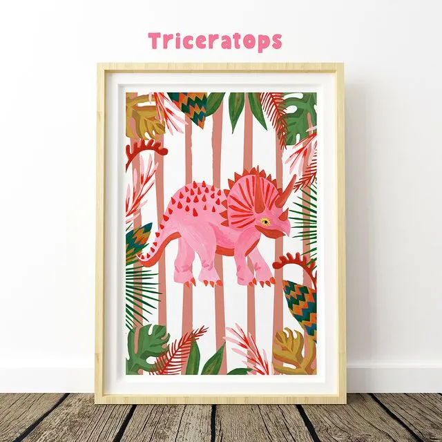A Pink Triceratops Dinosaur Nursery Art Print
