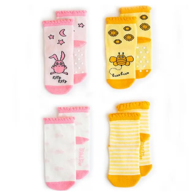 Milk&Moo Buzzy Bee and Chancin Baby Socks, Newborn Socks, Soft, Cotton, Cute, Warm, Breathable, Baby Girl Socks, Non Slip, Grip Socks, 0-12 Months, 4 Pairs