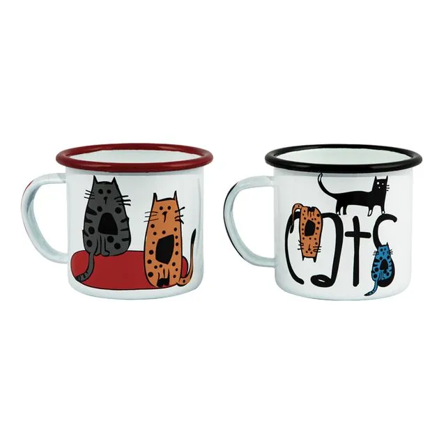 Biggdesign Cats Enamel Mugs Set Pack of 2, Enamel Camping Mug, Enamel Coffee Mug, Backpacking Mug, Campfire Mug,  Drinking Cup for Kitchen, Campfire, Home and Travel