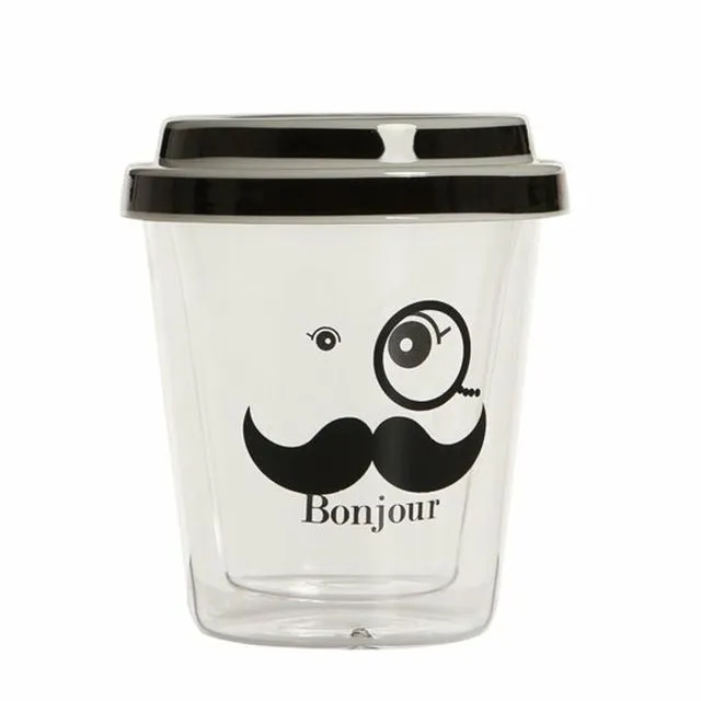 BiggDesign Bonjour Designed Double Wall Cup, Double Wall Glass, Heat Resistant, Glass Coffee Cup, 200 ml / 6.76 OZ