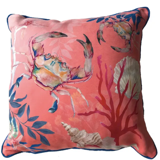 Coral watercolour art Cushion 'Pure shores' double sided design with starfish illustration, made from Vegan friendly Suede