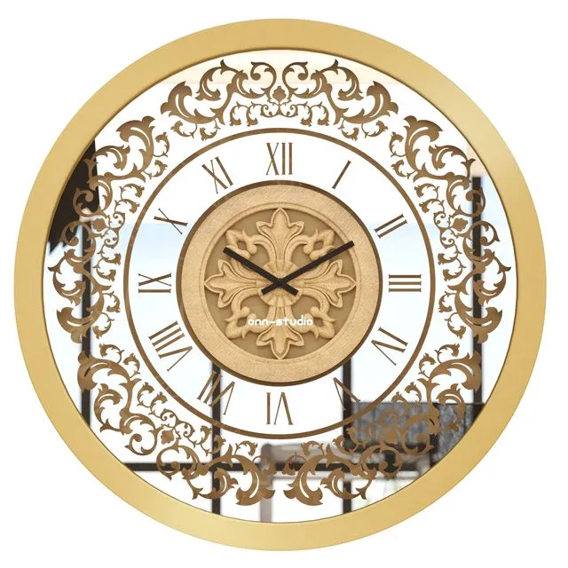 Oversized Wall Clock Traditional Floral Motif Vintage Gold Round Artisan Timekeeper Roman Numerals Large Statement Office Home Decoration Models: C04-75