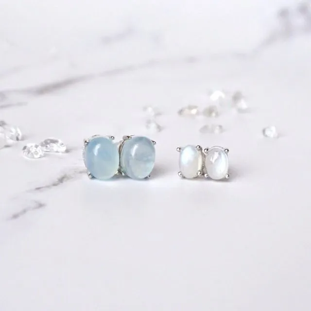 Natural Aquamarine & Moonstone Stud Earrings, Moon + Aqua (2 pair)