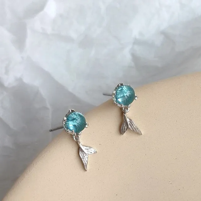 Blue Crystal Mermaid Stud Earrings