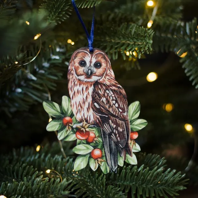 Tawny Owl Sustainable Wooden Watercolour Christmas Decoration