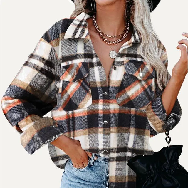 Chic Plaid Collar Button-Up Loose Shacket-70138-NAVY MULTI