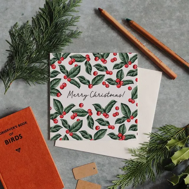 Luxury Square Foliage Christmas Watercolour Greeting Card