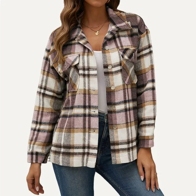 Chic Plaid Collar Button-Up Loose Shacket-70138-PINK MULTI