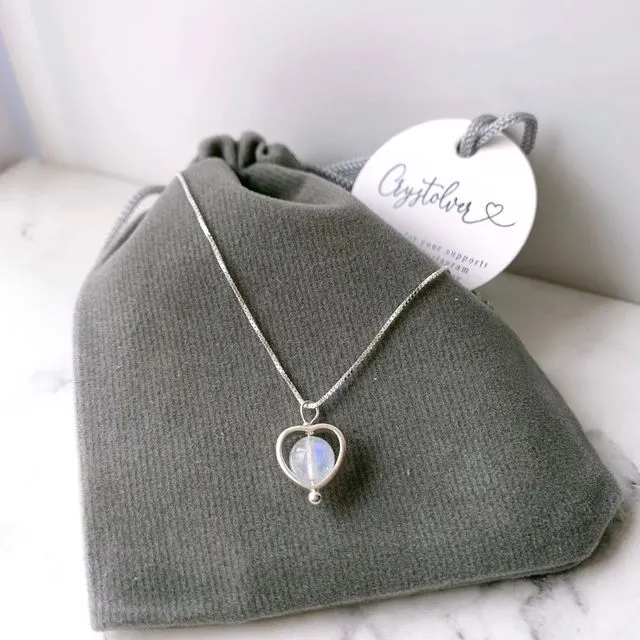 Moonstone Silver Heart Necklace, Aquamarine (blue)