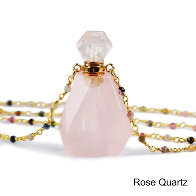Gemstone Perfume Bottle Pendant Necklace, Rose Quartz