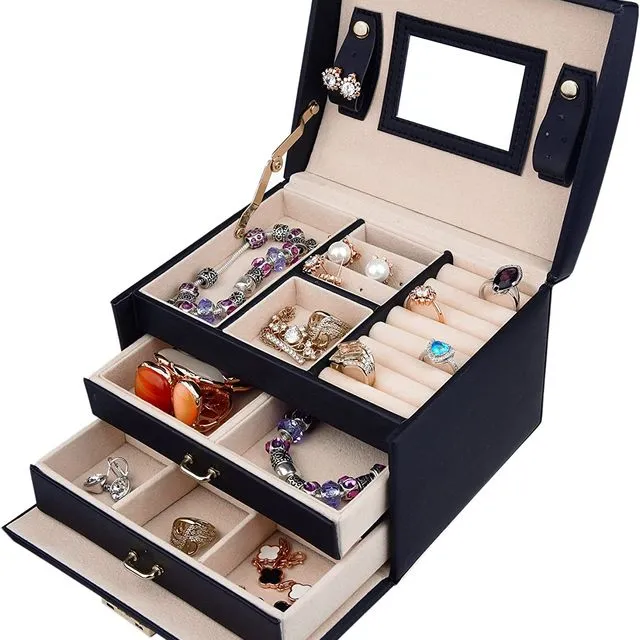 Jewelry Box Leather Earring Rings Organizer Mirrored Display Case Gift for Women Girls,Lock and Key