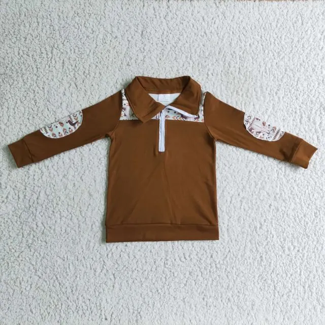 Children's Clothes Little Boy Brown Cow Aztec Zipper Long Sleeve Polo Shirt