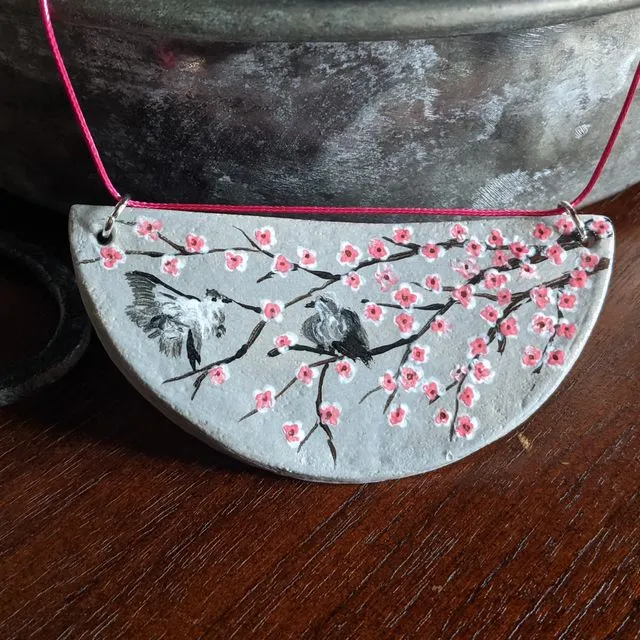Cherry blossom tree hand painted statement clay necklace, grey and pink floral necklace
